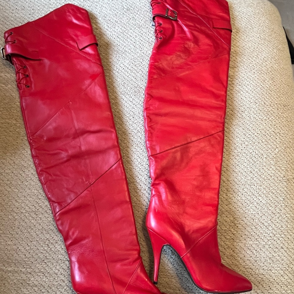 Red leather knee high boots